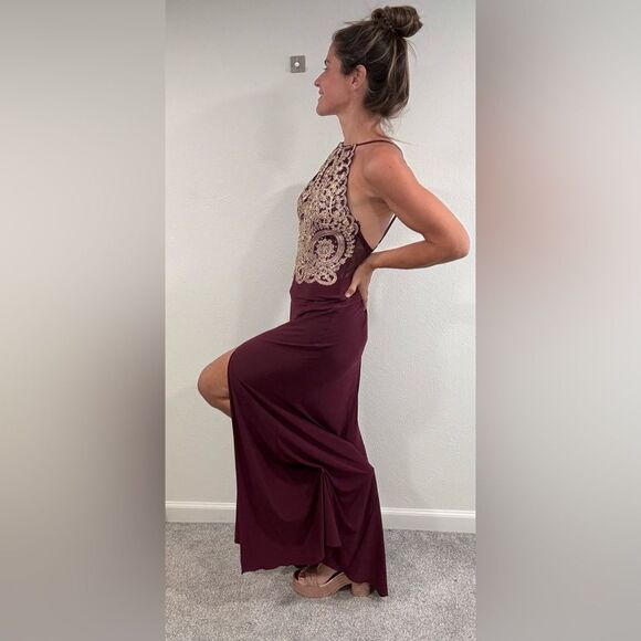 Blondie Nites Burgundy Formal Gown Beaded Halter Side Slit Open Back Dress - Picture 3 of 9